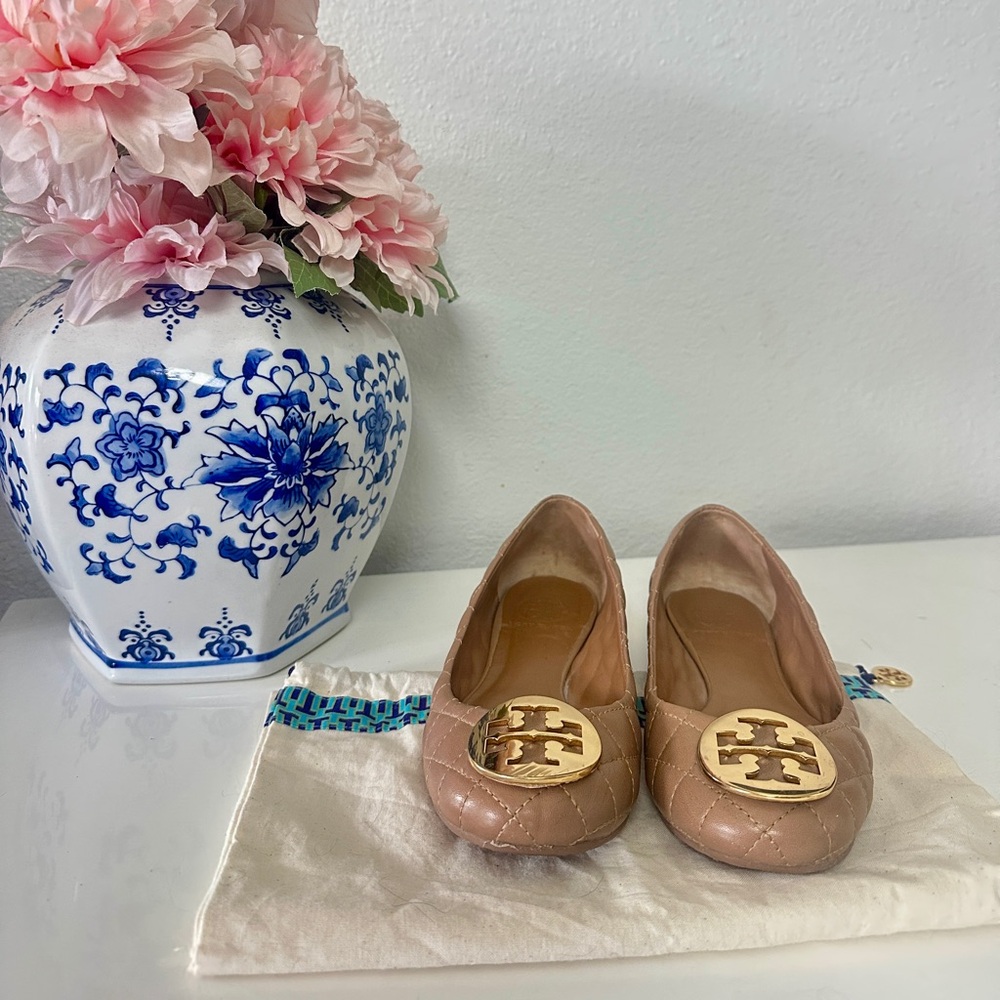 Tory Burch Tan Leather Flats with Gold Medallion